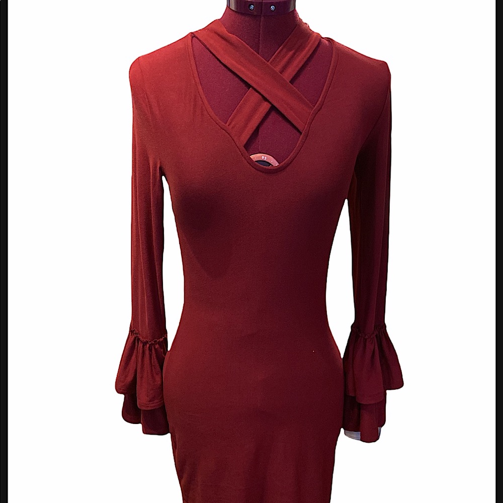 Derek heart soft long sleeve burgundy dress with flare sleeves s…